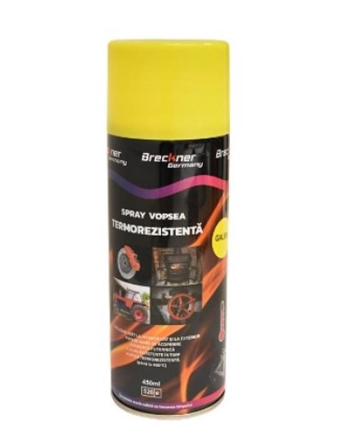 Vopsea termorezistentă BK +400°C galbenă acrilică 450 ml — spray pentru suprafețe metalice rezistent la temperaturi ridicate.