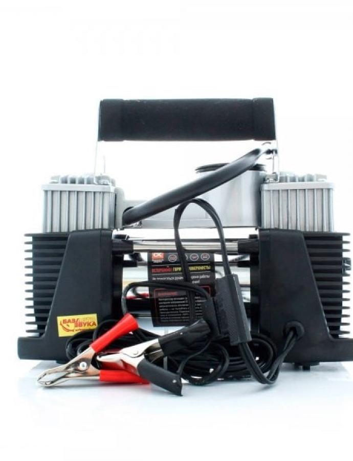 Компрессор авто 12V 2-х поршневой 10Атм, 60л/мин, клеммы, шланг 5м, <ДК>