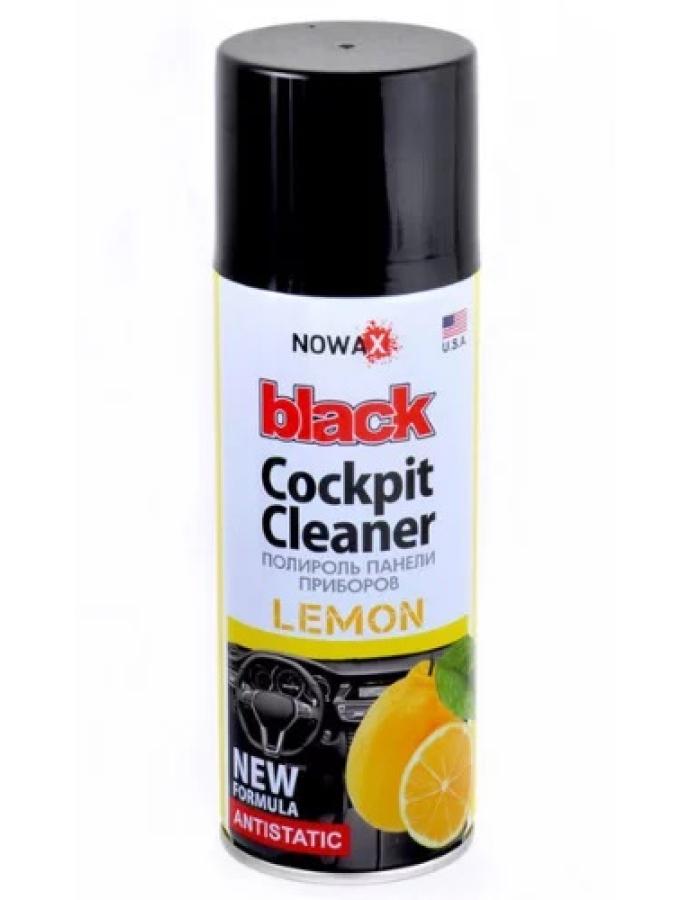 Polish pentru bord NOWAX Black Spray Lemon 200 ml — produs pentru curățarea și protecția suprafețelor din plastic cu aromă de lămâie.