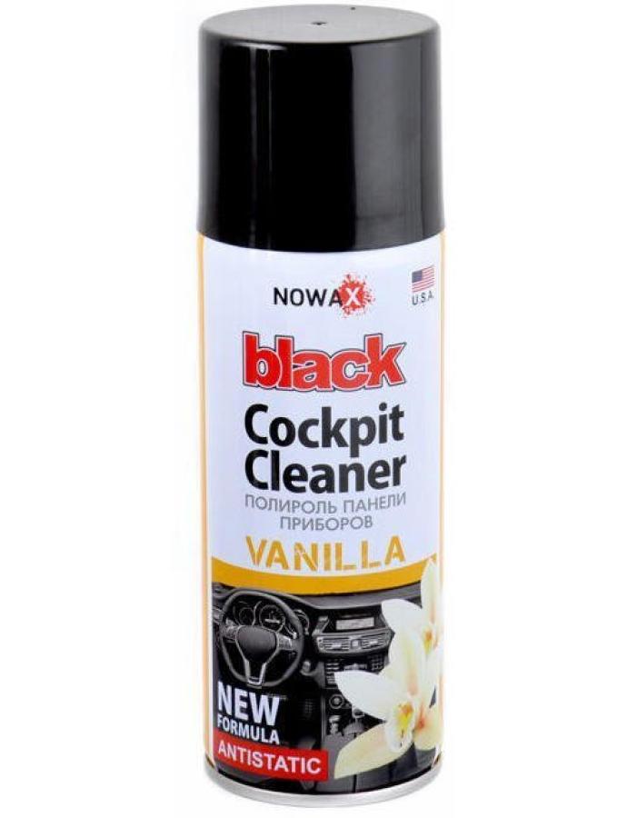 Polish pentru bord NOWAX Black Spray Vanilla 200 ml — produs pentru curățarea și protecția suprafețelor din plastic cu aromă de vanilie.