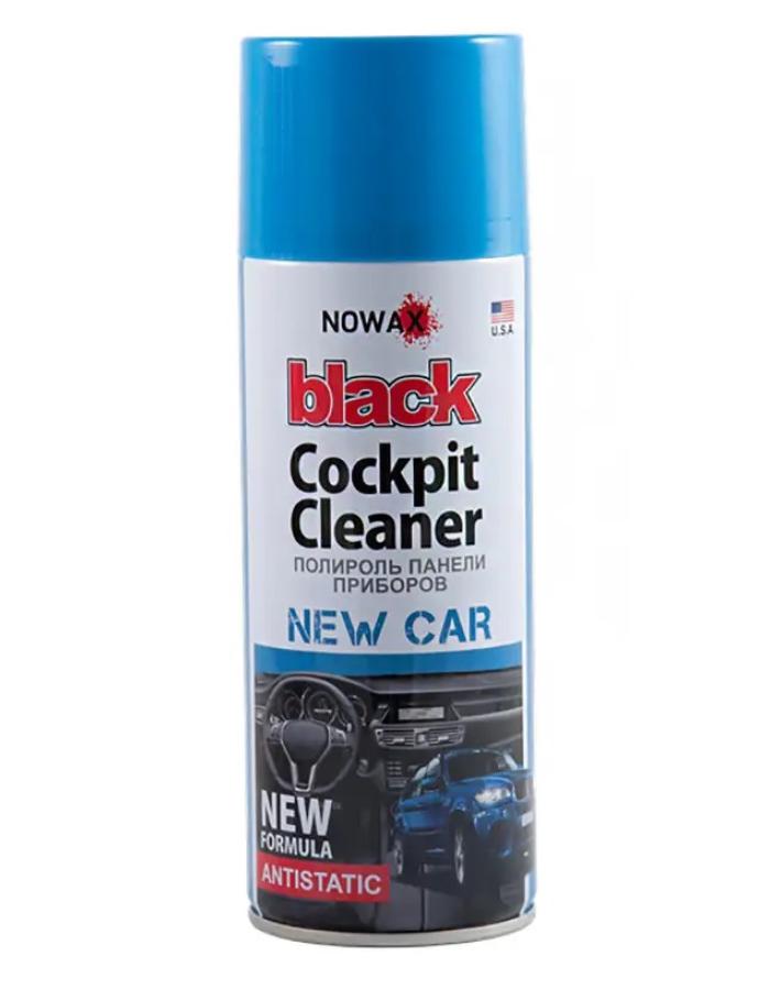 Polish pentru bord NOWAX Black Spray New Car 450 ml — produs pentru curățarea și protecția suprafețelor din plastic cu aromă „mașină nouă”.