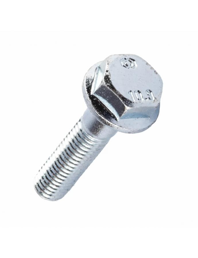 Șurub 10x25 mm, clasa 10.9, cu flanșă și zincat — fixare durabilă și protejată împotriva coroziunii.